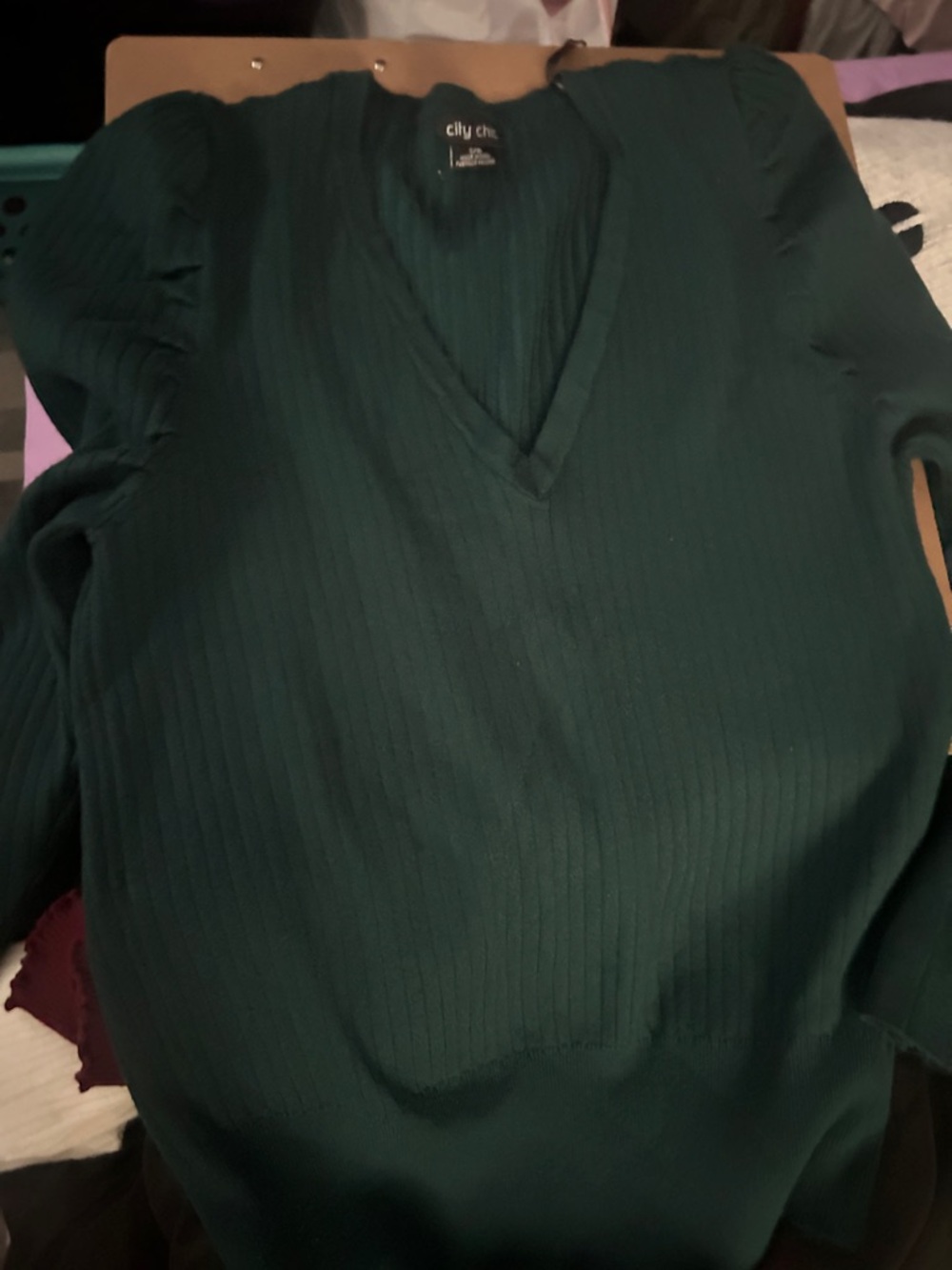 City Chic Forest Green Ribbed V-Neck Sweater